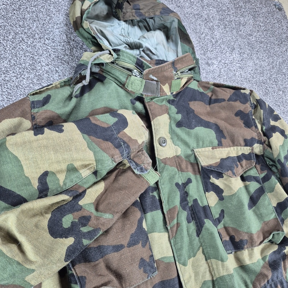 US Army Cold Weather Field Coat Mens Medium Long Woodland Camo Lined‎ Hood